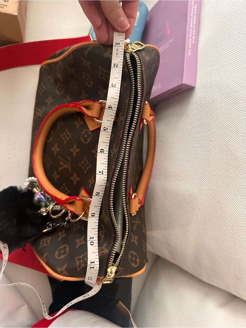 Fashion Bag- Brown Monogram Satchel with Black Pom Pom Charm - Picture 5 of 7
